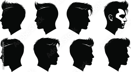 Male hairstyle silhouette vector set, black profile icons, modern haircut designs, editable clipart bundle, grooming concept, barbershop style illustration