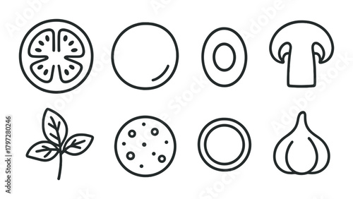 Outline icons of tomato, egg, mushroom, basil, sausage, onion, and garlic on gray background