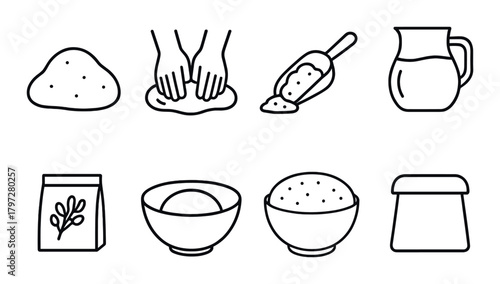 Outline icons of bread preparation ingredients and tools on dark background