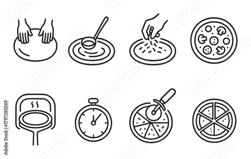 Pizza making process icons: kneading dough, adding sauce, sprinkling toppings, baking, slicing, serving
