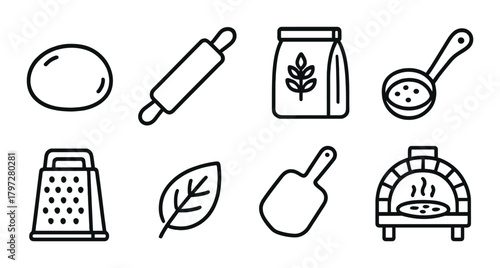 Simple outline icons of baking tools on black background