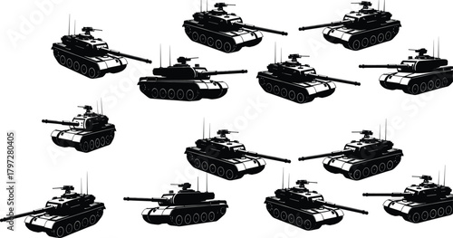 Military tank silhouette vector set, armored vehicle icons, black war machine designs, editable clipart bundle, battlefield equipment concept illustration