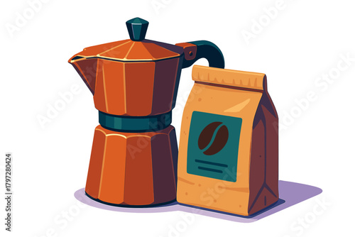 Classic Moka pot stovetop coffee maker and sealed bag of roasted coffee beans