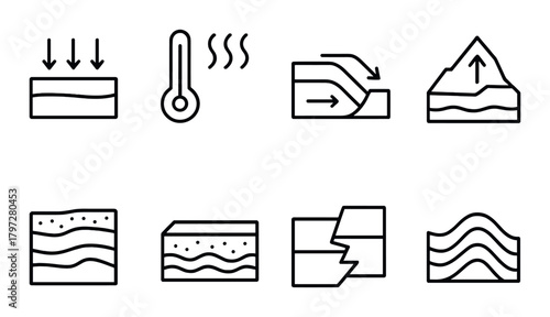 Geological process icons: erosion, temperature, movement, and faults