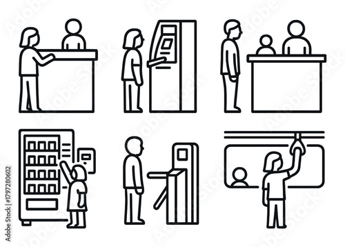 Simple line art of people interacting with machines and services