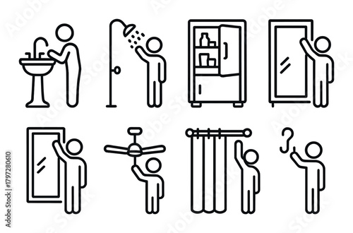 Stick figures demonstrating daily activities including grooming and household chores