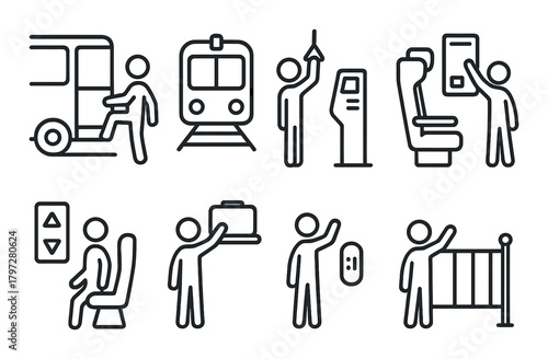 Stick figures illustrating public transportation and commuting activities
