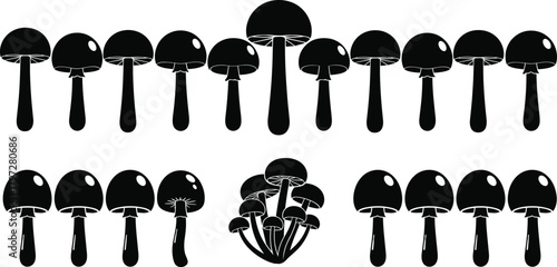 Mushroom silhouette vector set, black fungi icons, botanical shape designs, editable clipart bundle, nature concept graphic, forest illustration reference