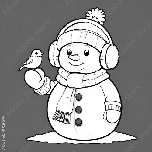 Snowman with Earmuffs Holding Small Bird Outline
