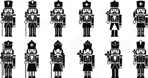 Nutcracker silhouette vector set, festive character icons, black holiday designs, traditional toy soldier clipart, editable bundle, Christmas decoration concept