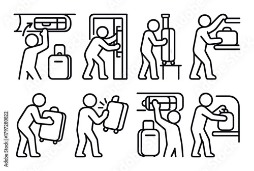 Minimalist icons of travelers handling luggage and airport security