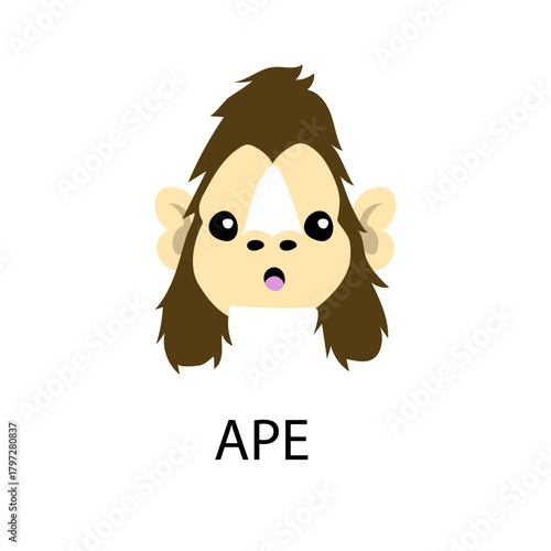 Cute cartoon ape head icon with a surprised expression, a simple primate mascot illustration for kids