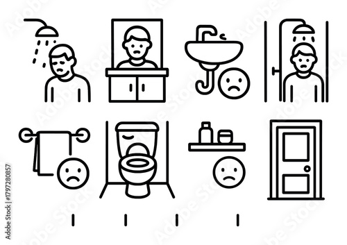 Sad caucasian male adult illustrating bathroom activities with emotive symbols