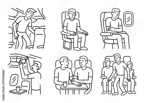 Young caucasian males on airplane journey: boarding, seating, and in-flight interactions illustrated