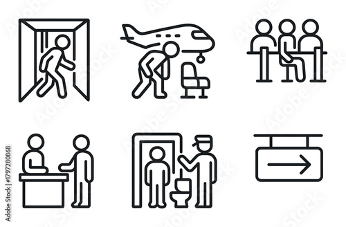 Airport security and boarding icons on dark background