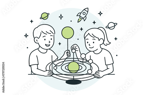 Two young students studying astronomy and space science using an orbital model