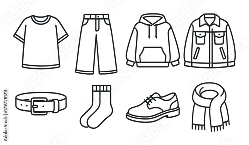 Casual clothing and accessories: t-shirt, pants, hoodie, jacket, belt, socks, shoes, scarf