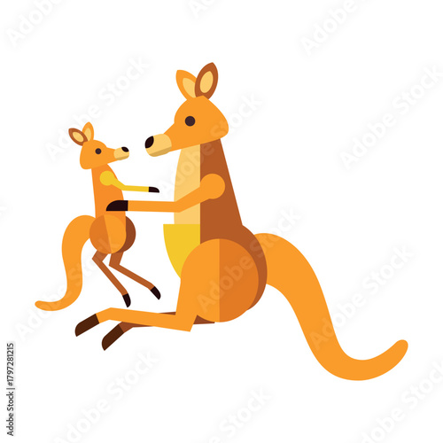 Adorable Flat Illustration of a Mother Kangaroo and Her Joey, Symbolizing Parental Love and Australian Wildlife