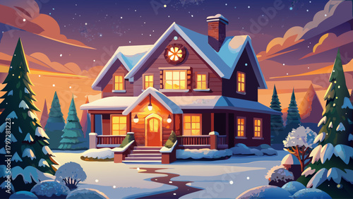 Very beautiful New England house decorated for Christmas in winter, featuring warm glowing lights, evergreen wreaths, snow-covered roof, and a peaceful seasonal atmosphere in a cozy holiday setting.