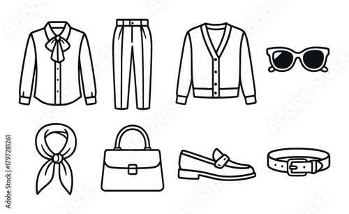 Fashion accessories and clothing icons: shirt, pants, cardigan, sunglasses, scarf, bag, loafers, belt