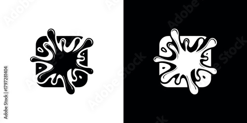 Isolated Square Ink Splash Stain with Droplets, Paint Splatter Icon, Shape Design