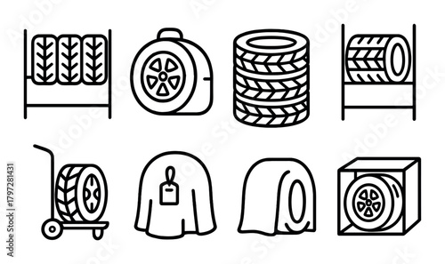 Tire storage options: racks, covers, boxes, cart solutions in black and white icons