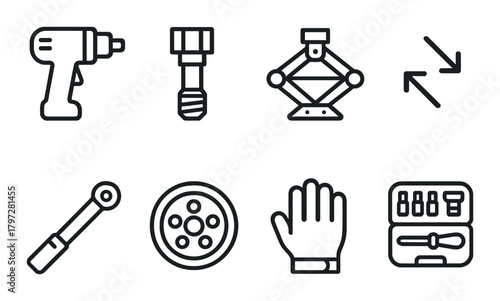 Set of tool icons including drill, socket, jack, and wrench on dark background