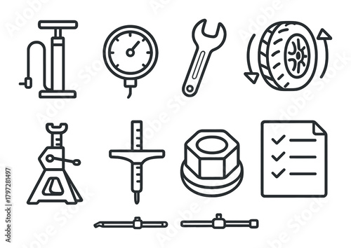 Monochrome automotive tools illustration with tire pump and wrench icons