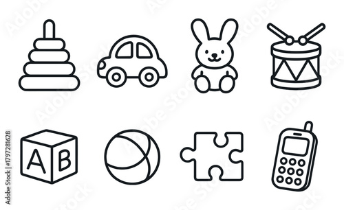 Outline icons of classic children's toys on dark background
