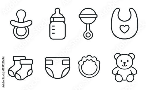 Monochrome baby icons featuring toys clothing and essential accessories