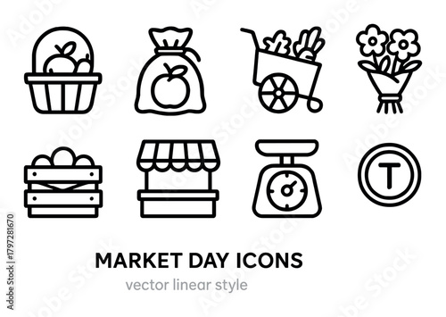 Market day icons set: fresh produce, scale, cart, stall, flowers