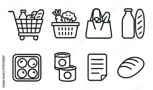 Grocery shopping icons: cart, basket, bag, bottles, bread, and cans