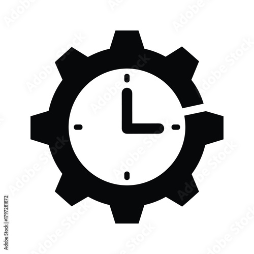 Black gear with white clock face and hands on white background time mechanism vector