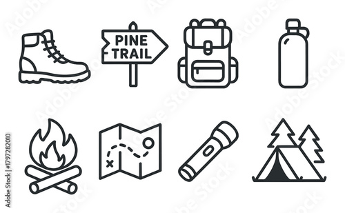 Outdoor adventure icons: hiking, camping, and exploration essentials