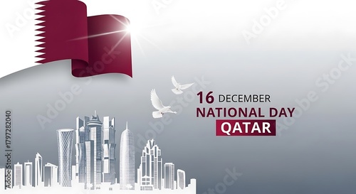 Qatar national day celebration with flag and cityscape