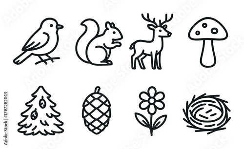 Simple forest icons featuring animals, plants, and nature elements