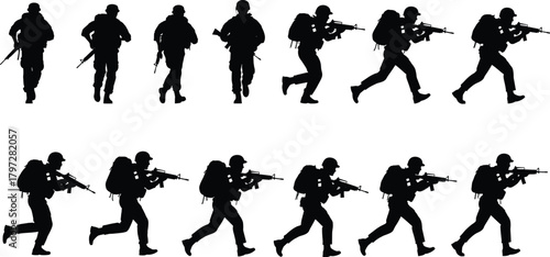 Soldier silhouette vector set, armed military poses, black combat illustrations, tactical gear icons, rifle action stances, warfare design elements