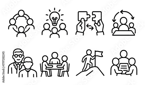 Teamwork icons: collaboration, ideas, leadership, success