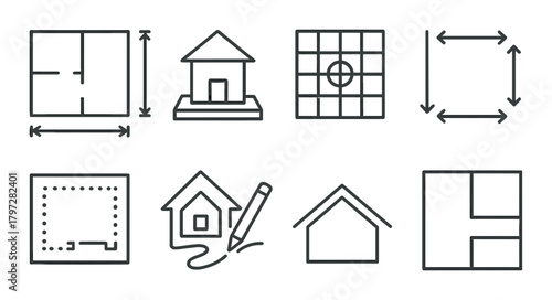 Minimalist architecture icon set: floor plans and house designs