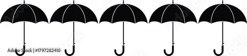 Umbrella silhouette vector set, black rain protection icons, curved handle designs, editable clipart bundle, weather concept graphic, minimalist accessory illustration