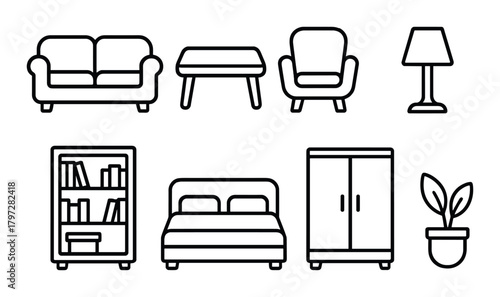 Minimalist furniture set: sofa, table, chair, lamp, bookshelf, bed, wardrobe, plant