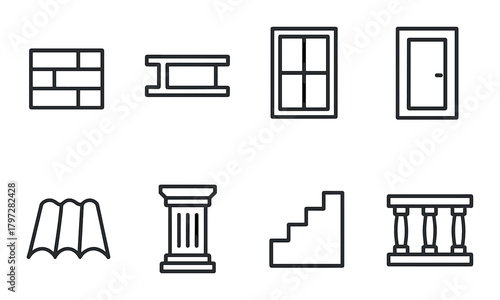 Building structure icons set: window, door, staircase, column, roof