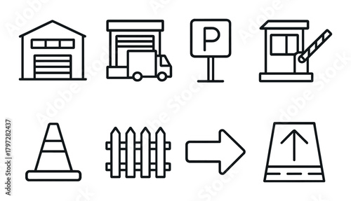 Icons of parking garage gate booth barrier fence traffic cone and arrow