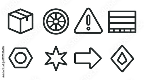 Set of eight industrial icons on dark metallic background