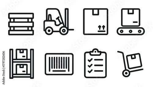 Logistics icon set: forklift, package, conveyor, delivery, barcode, checklist