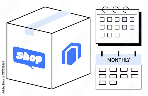 Package labeled Shop alongside a calendar highlighting monthly scheduling and recurring delivery. Ideal for e-commerce, subscription services, logistics, planning, organization, retail, simple flat