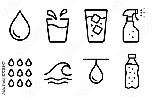 Set of water-themed icons: drops, waves, ice, spray bottle, and cup