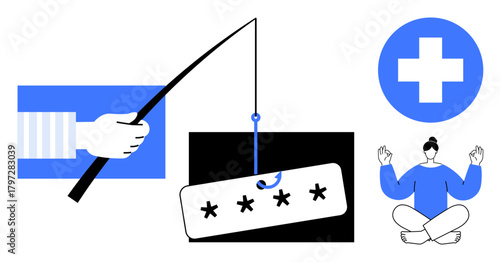 Fishing rod stealing password, healthcare cross, person meditating in yoga pose. Ideal for cybersecurity, phishing awareness, stress relief, mental health, digital safety, online protection simple