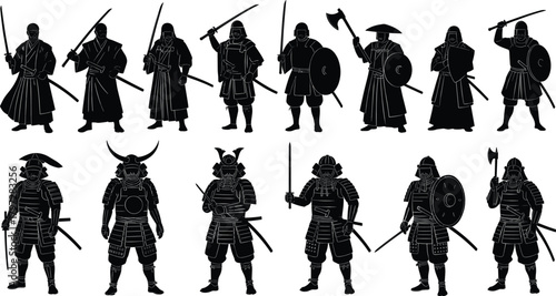 Warrior silhouette vector set, traditional and armored fighters, sword and spear poses, black combat icons, historical battle design elements