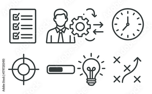 Business icons: task management, strategy, progress, innovation, efficiency